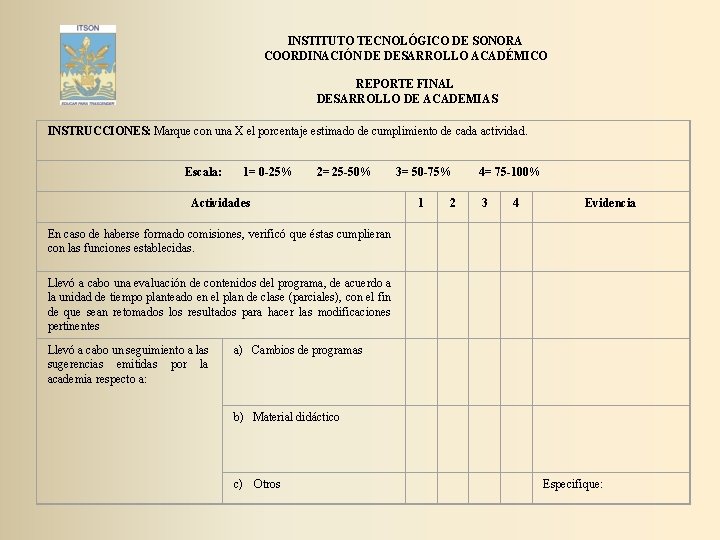 INSTITUTO TECNOLÓGICO DE SONORA COORDINACIÓN DE DESARROLLO ACADÉMICO REPORTE FINAL DESARROLLO DE ACADEMIAS INSTRUCCIONES: