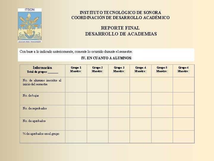 INSTITUTO TECNOLÓGICO DE SONORA COORDINACIÓN DE DESARROLLO ACADÉMICO REPORTE FINAL DESARROLLO DE ACADEMIAS Con INSTITUTO TECNOLÓGICO DE SONORA COORDINACIÓN DE DESARROLLO ACADÉMICO REPORTE FINAL DESARROLLO DE ACADEMIAS Con