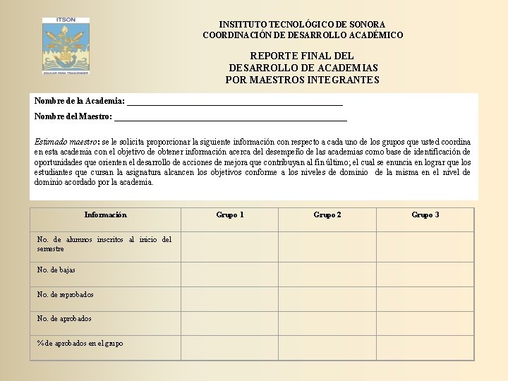 INSTITUTO TECNOLÓGICO DE SONORA COORDINACIÓN DE DESARROLLO ACADÉMICO REPORTE FINAL DESARROLLO DE ACADEMIAS POR