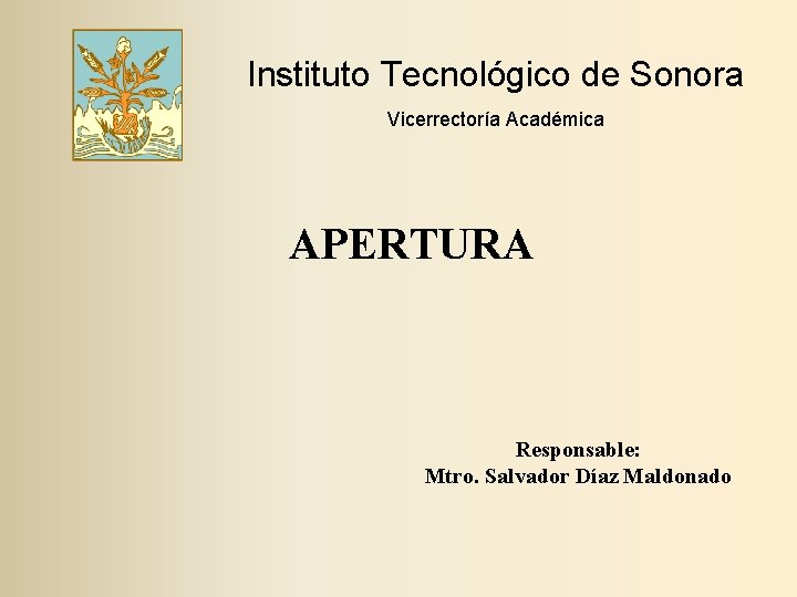 Instituto Tecnológico de Sonora Vicerrectoría Académica APERTURA Responsable: Mtro. Salvador Díaz Maldonado 