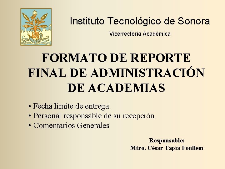 Instituto Tecnológico de Sonora Vicerrectoría Académica FORMATO DE REPORTE FINAL DE ADMINISTRACIÓN DE ACADEMIAS