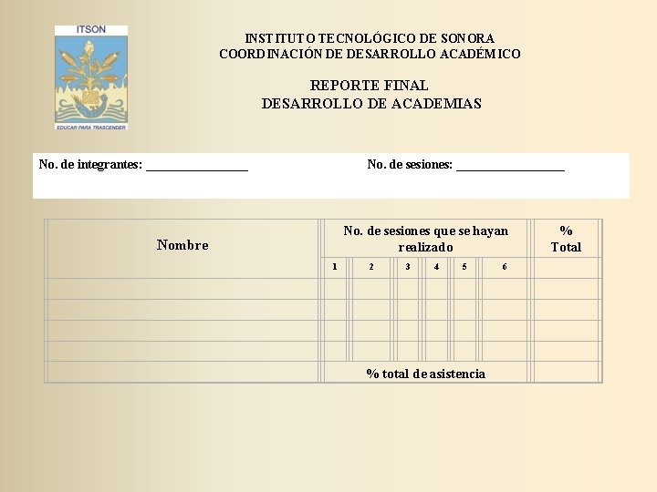 INSTITUTO TECNOLÓGICO DE SONORA COORDINACIÓN DE DESARROLLO ACADÉMICO REPORTE FINAL DESARROLLO DE ACADEMIAS No.