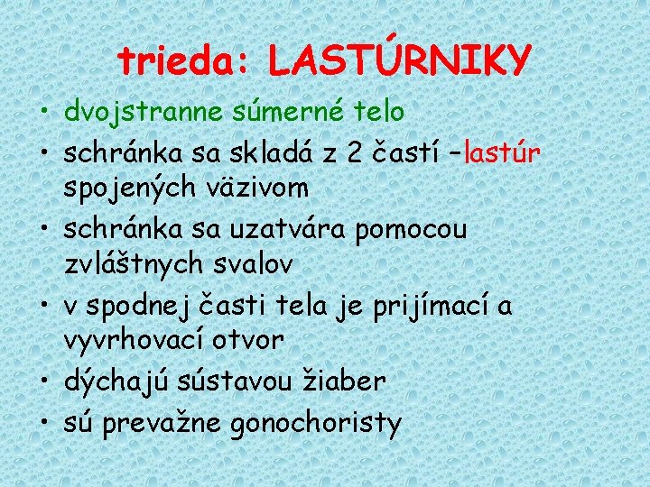 trieda: LASTÚRNIKY • dvojstranne súmerné telo • schránka sa skladá z 2 častí –lastúr