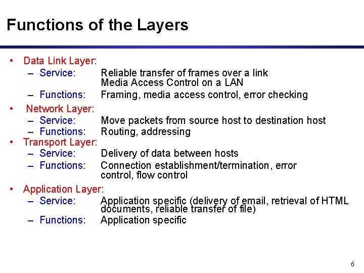 Functions of the Layers • Data Link Layer: – Service: Reliable transfer of frames Functions of the Layers • Data Link Layer: – Service: Reliable transfer of frames