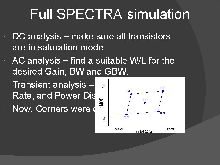 Full SPECTRA simulation DC analysis – make sure all transistors are in saturation mode