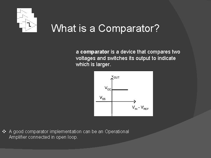 What is a Comparator? a comparator is a device that compares two voltages and