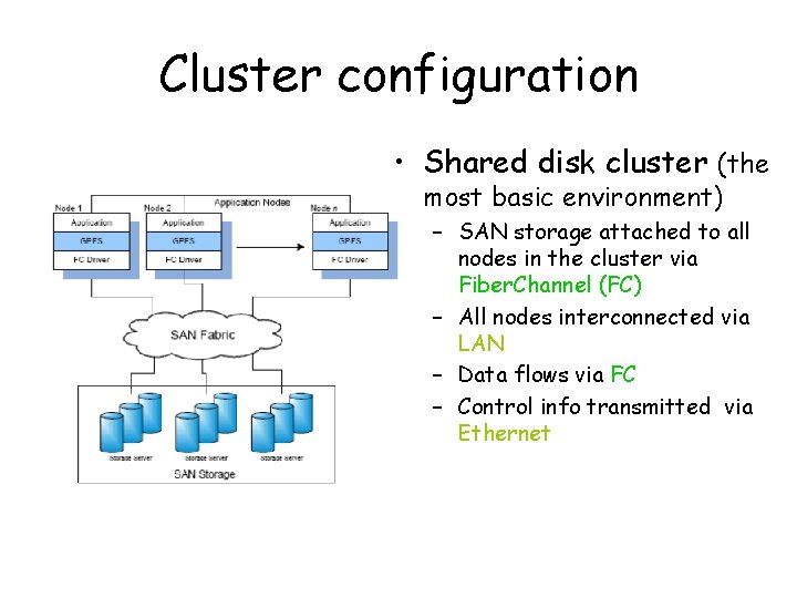 Cluster configuration • Shared disk cluster (the most basic environment) – SAN storage attached