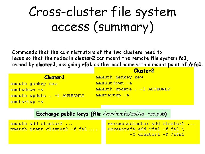 Cross-cluster file system access (summary) Commands that the administrators of the two clusters need