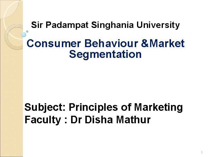 Sir Padampat Singhania University Consumer Behaviour &Market Segmentation Subject: Principles of Marketing Faculty :