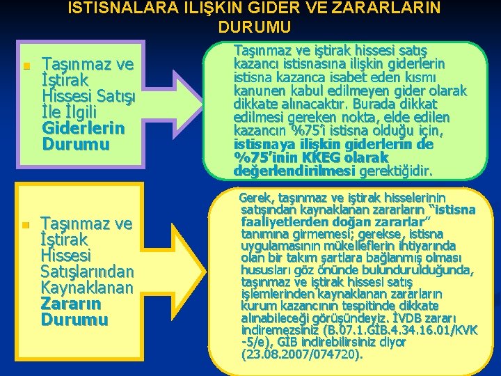 İSTİSNALARA İLİŞKİN GİDER VE ZARARLARIN DURUMU n n Taşınmaz ve İştirak Hissesi Satışı İle