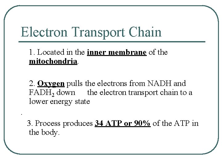 Electron Transport Chain 1. Located in the inner membrane of the mitochondria. 2. Oxygen