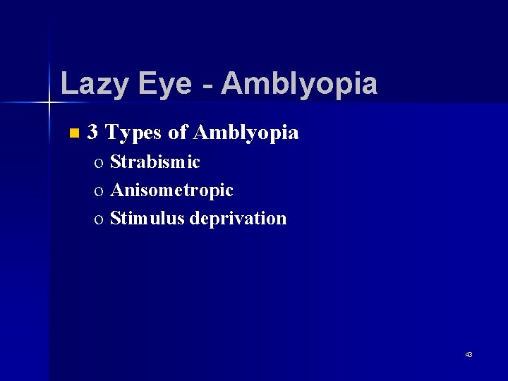 Lazy Eye - Amblyopia n 3 Types of Amblyopia o Strabismic o Anisometropic o