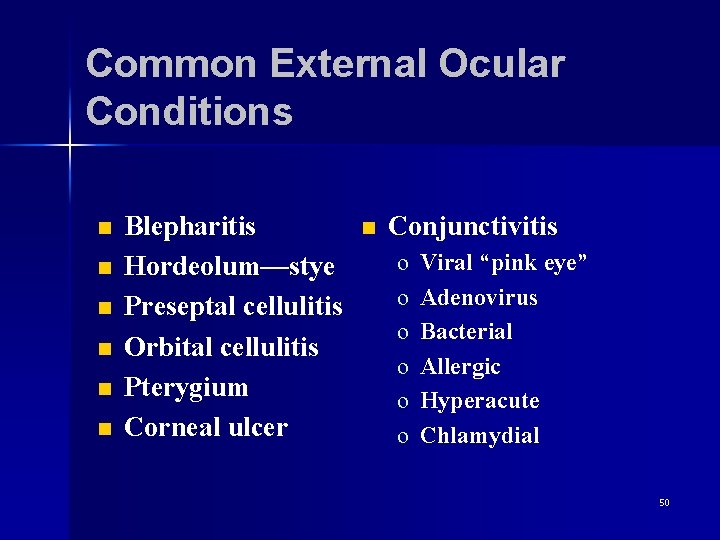 Common External Ocular Conditions n n n Blepharitis Hordeolum—stye Preseptal cellulitis Orbital cellulitis Pterygium