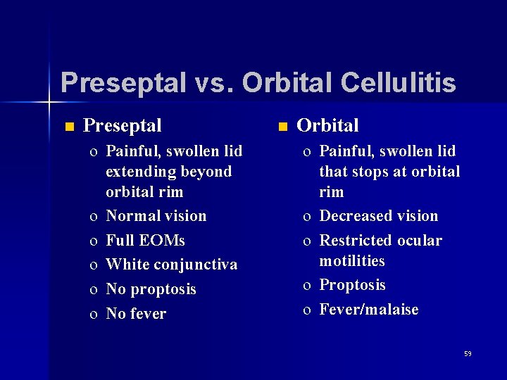 Preseptal vs. Orbital Cellulitis n Preseptal o Painful, swollen lid extending beyond orbital rim