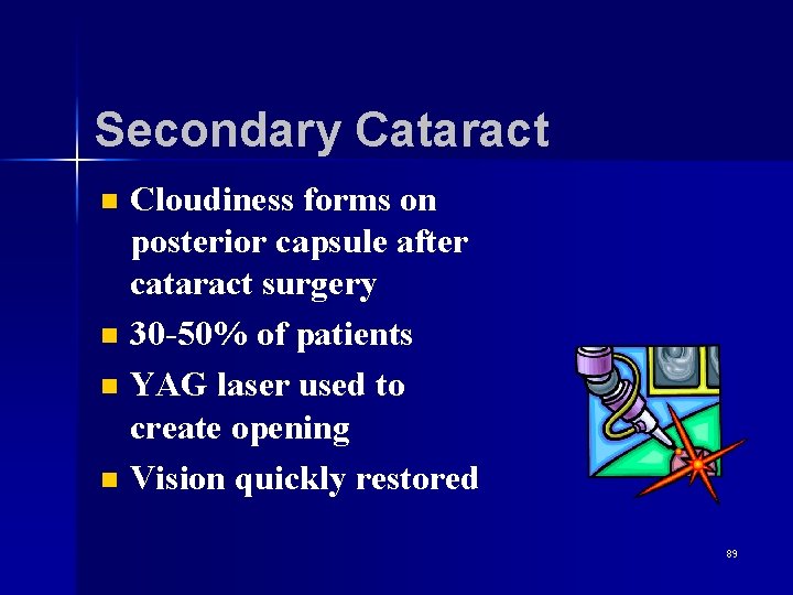 Secondary Cataract n n Cloudiness forms on posterior capsule after cataract surgery 30 -50%