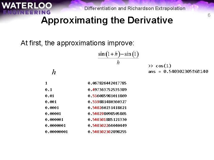 Differentiation and Richardson Extrapolation Approximating the Derivative 6 At first, the approximations improve: >>