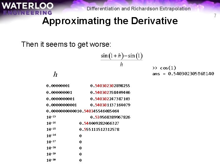 Differentiation and Richardson Extrapolation Approximating the Derivative 7 Then it seems to get worse: