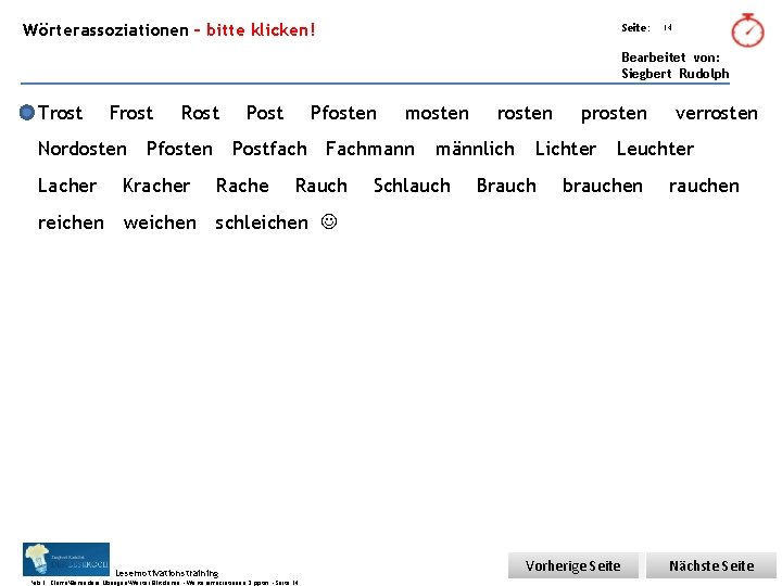 Übungsart: Wörterassoziationen – bitte klicken! Seite: 14 Bearbeitet von: Siegbert Rudolph Trost Frost Nordosten Übungsart: Wörterassoziationen – bitte klicken! Seite: 14 Bearbeitet von: Siegbert Rudolph Trost Frost Nordosten
