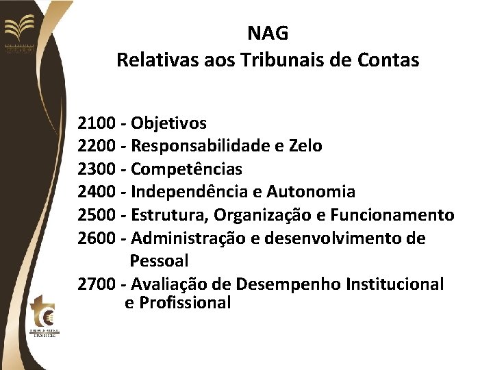 NAG Relativas aos Tribunais de Contas 2100 - Objetivos 2200 - Responsabilidade e Zelo