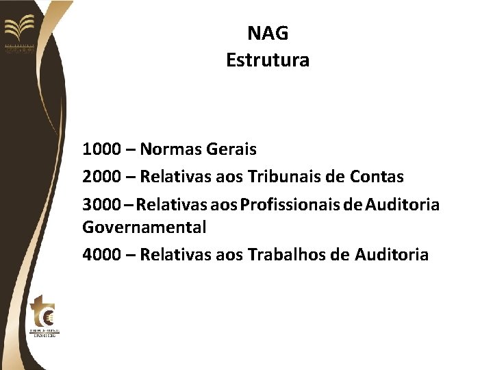 NAG Estrutura 1000 – Normas Gerais 2000 – Relativas aos Tribunais de Contas 3000