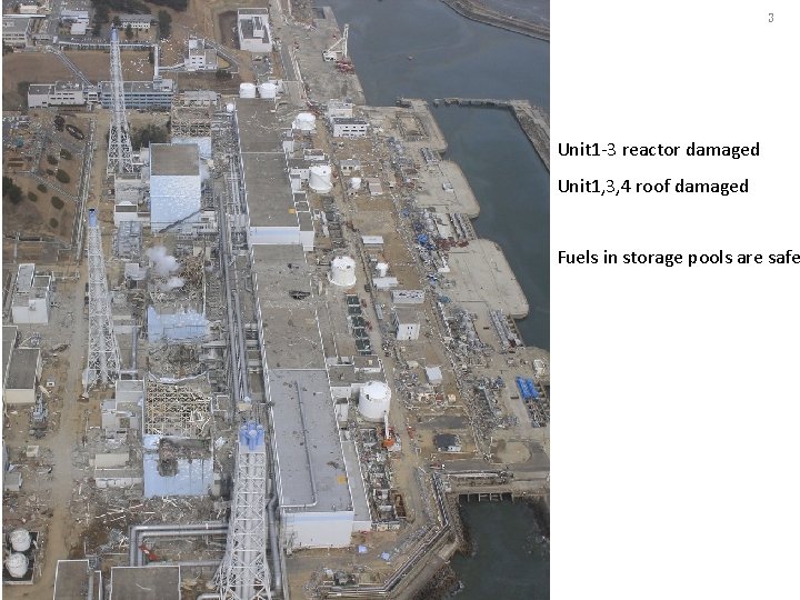 3 Unit 1 -3 reactor damaged Unit 1, 3, 4 roof damaged Fuels in