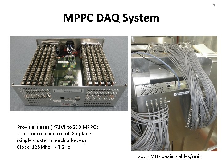 9 MPPC DAQ System Provide biases (~71 V) to 200 MPPCs Look for coincidence