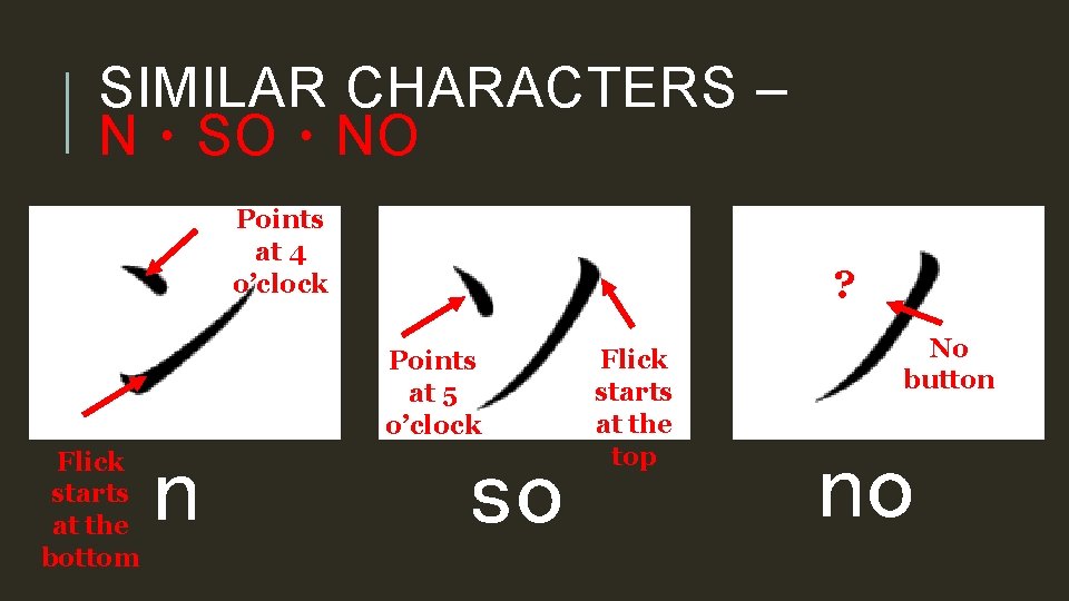 SIMILAR CHARACTERS – N・SO・NO Points at 4 o’clock Flick starts at the bottom n