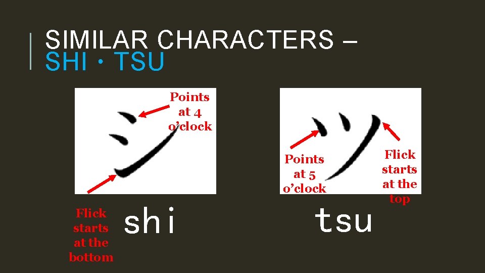 SIMILAR CHARACTERS – SHI・TSU Points at 4 o’clock Points at 5 o’clock Flick starts