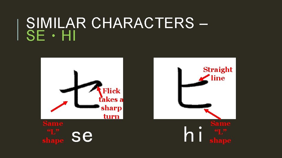 SIMILAR CHARACTERS – SE・HI Straight line Same “L” shape Flick takes a sharp turn