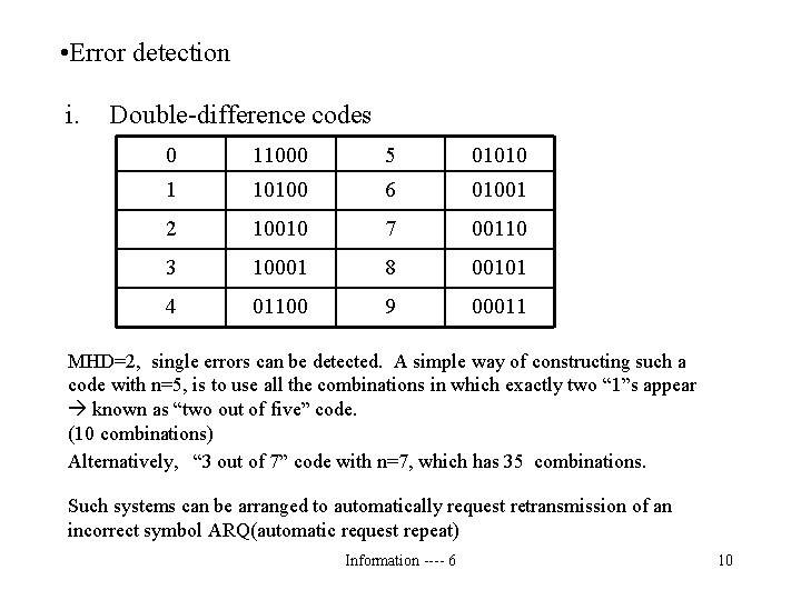  • Error detection i. Double-difference codes 0 11000 5 01010 1 10100 6