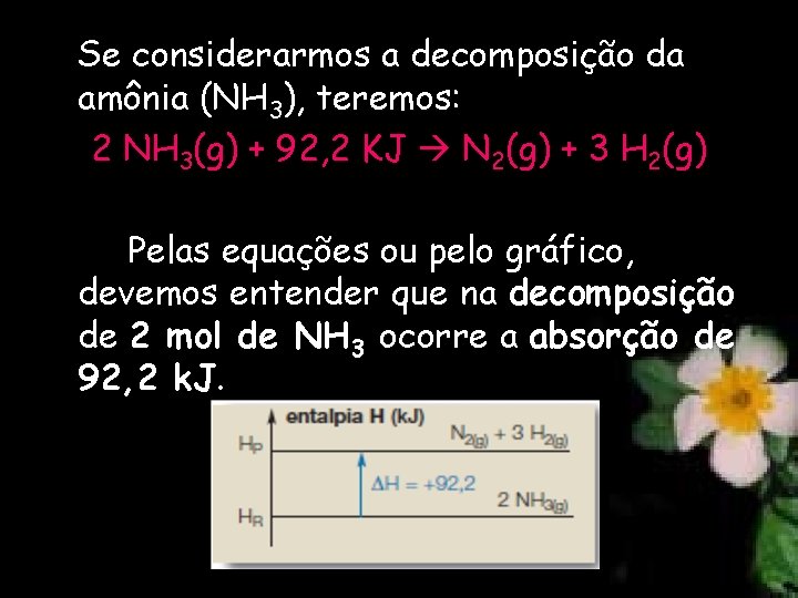 Se considerarmos a decomposição da amônia (NH 3), teremos: 2 NH 3(g) + 92,