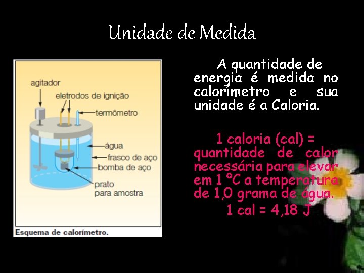 Unidade de Medida A quantidade de energia é medida no calorímetro e sua unidade