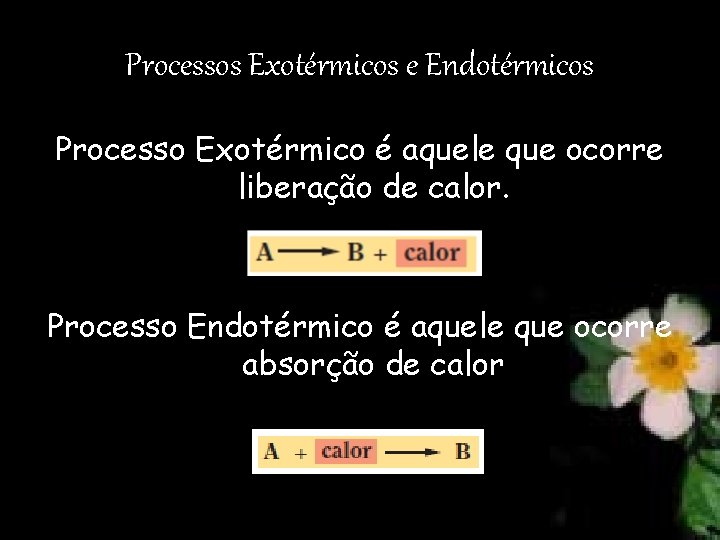 Processos Exotérmicos e Endotérmicos Processo Exotérmico é aquele que ocorre liberação de calor. Processo