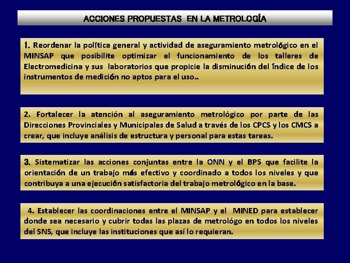 ACCIONES PROPUESTAS EN LA METROLOGÍA 1. Reordenar la política general y actividad de aseguramiento