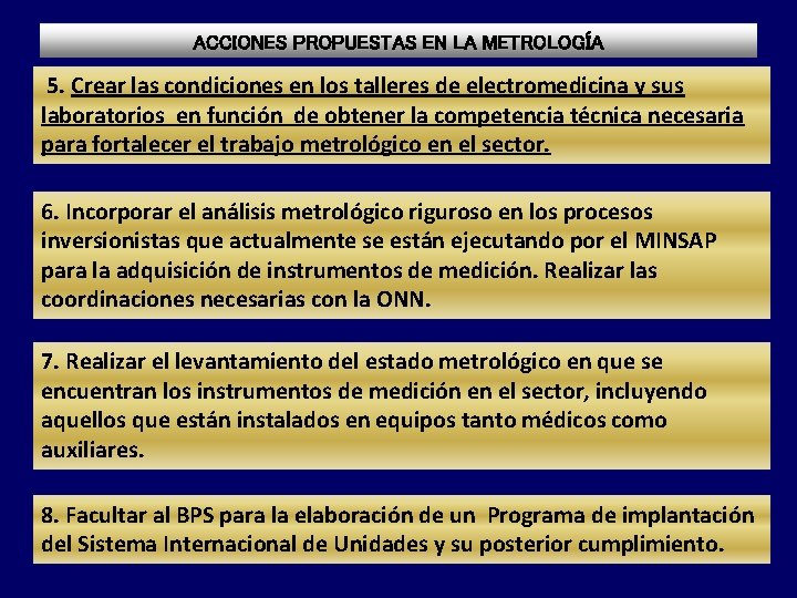 ACCIONES PROPUESTAS EN LA METROLOGÍA 5. Crear las condiciones en los talleres de electromedicina