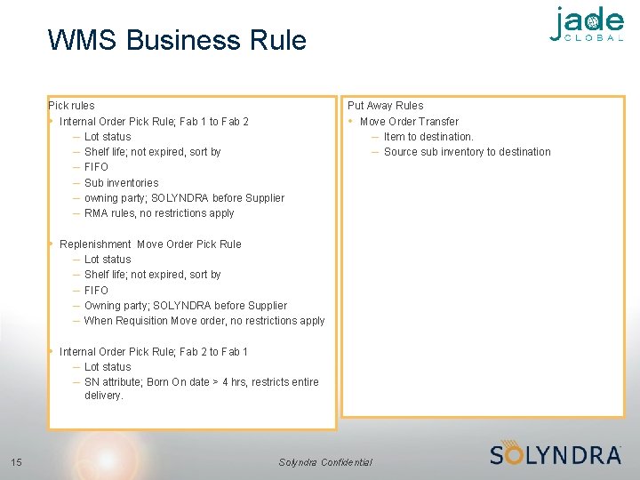 WMS Business Rule Pick rules • Internal Order Pick Rule; Fab 1 to Fab