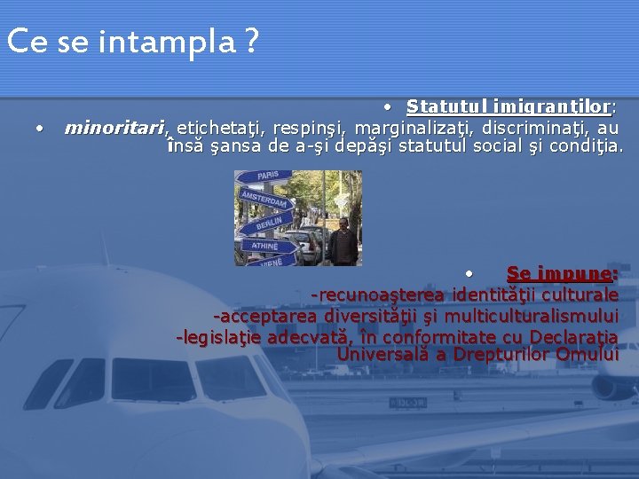 Ce se intampla ? • • Statutul imigranţilor: minoritari, etichetaţi, respinşi, marginalizaţi, discriminaţi, au
