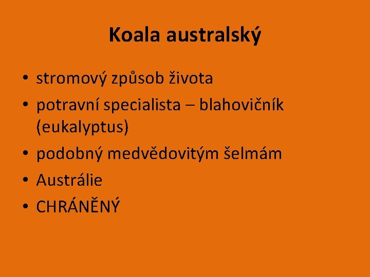 Koala australský • stromový způsob života • potravní specialista – blahovičník (eukalyptus) • podobný