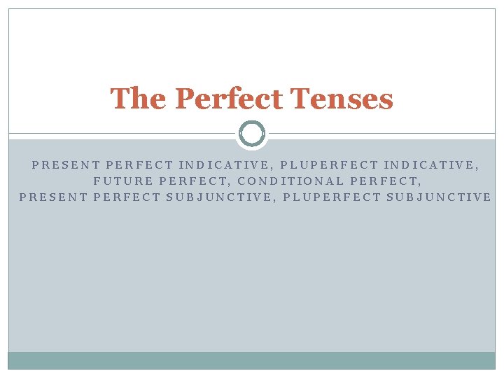 The Perfect Tenses PRESENT PERFECT INDICATIVE, PLUPERFECT INDICATIVE, FUTURE PERFECT, CONDITIONAL PERFECT, PRESENT PERFECT