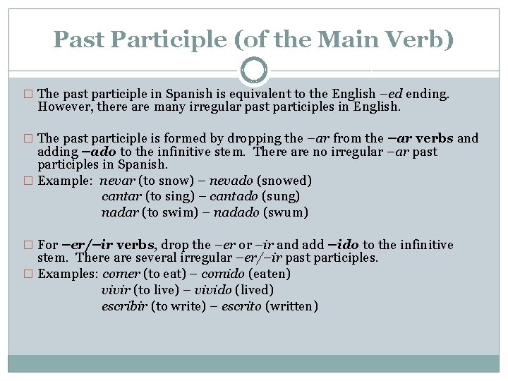 Past Participle (of the Main Verb) � The past participle in Spanish is equivalent