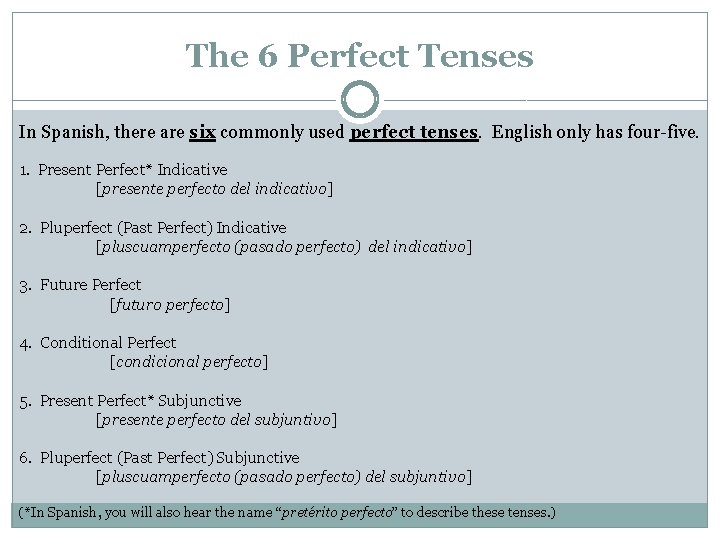 The 6 Perfect Tenses In Spanish, there are six commonly used perfect tenses. English