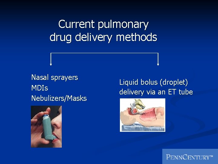 Current pulmonary drug delivery methods Nasal sprayers MDIs Nebulizers/Masks Liquid bolus (droplet) delivery via