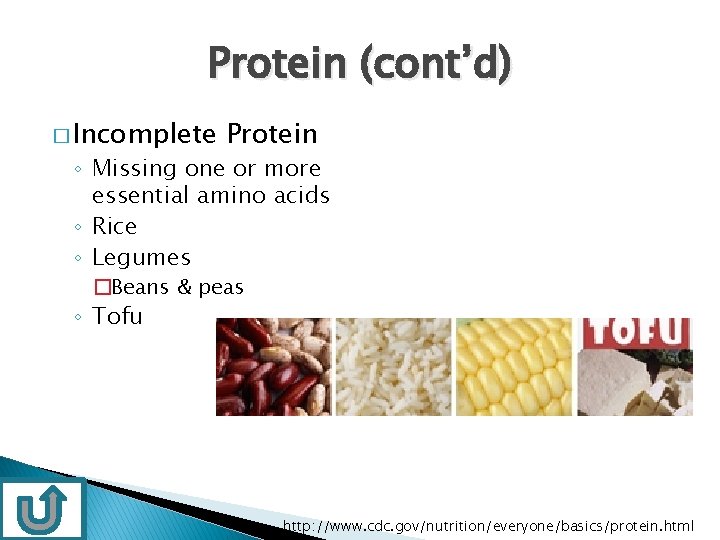 Protein (cont’d) � Incomplete Protein ◦ Missing one or more essential amino acids ◦