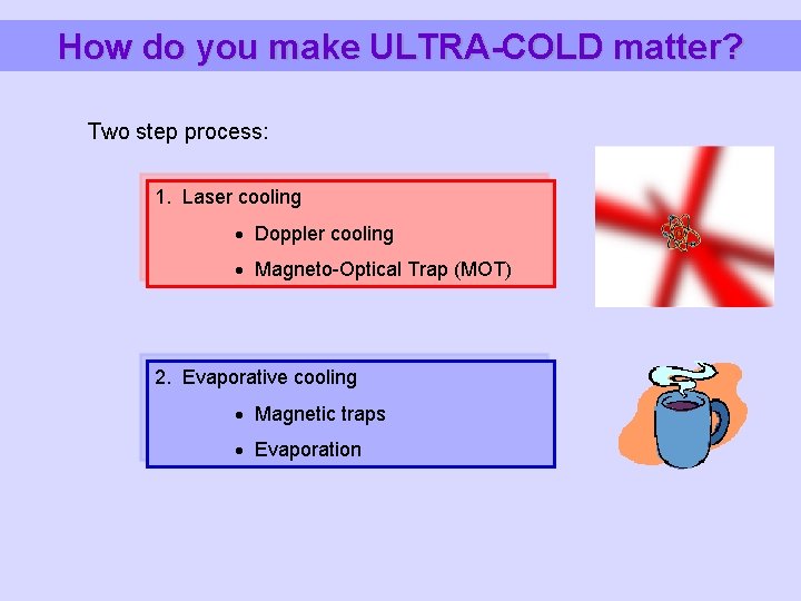 How do you make ULTRA-COLD matter? Two step process: 1. Laser cooling Doppler cooling