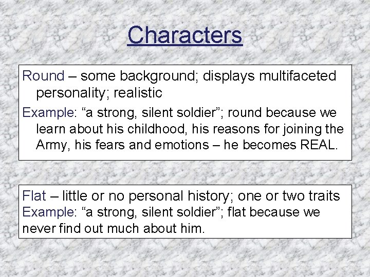 Characters Round – some background; displays multifaceted personality; realistic Example: “a strong, silent soldier”;