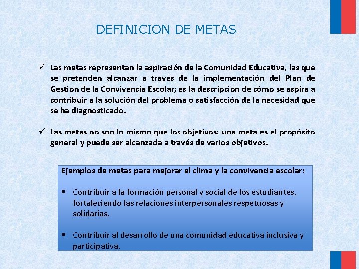 DEFINICION DE METAS ü Las metas representan la aspiración de la Comunidad Educativa, las DEFINICION DE METAS ü Las metas representan la aspiración de la Comunidad Educativa, las