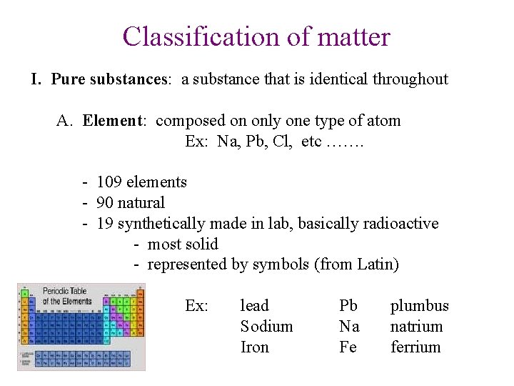 Classification of matter I. Pure substances: a substance that is identical throughout A. Element: