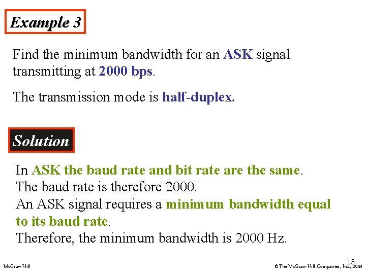 Example 3 Find the minimum bandwidth for an ASK signal transmitting at 2000 bps.