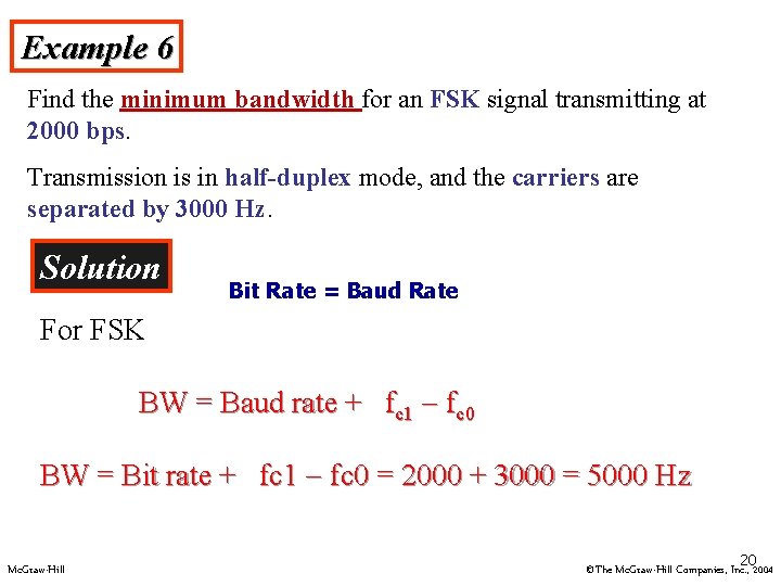 Example 6 Find the minimum bandwidth for an FSK signal transmitting at 2000 bps.