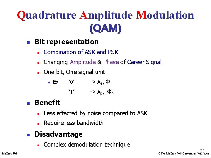 Quadrature Amplitude Modulation (QAM) n Bit representation n Combination of ASK and PSK n